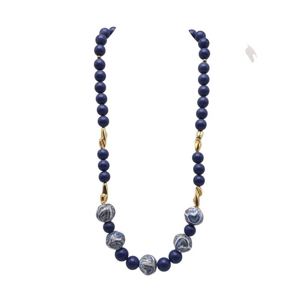 Vintage Blue Swirl Ceramic Gold Toned Beaded Necklace 25 Inch